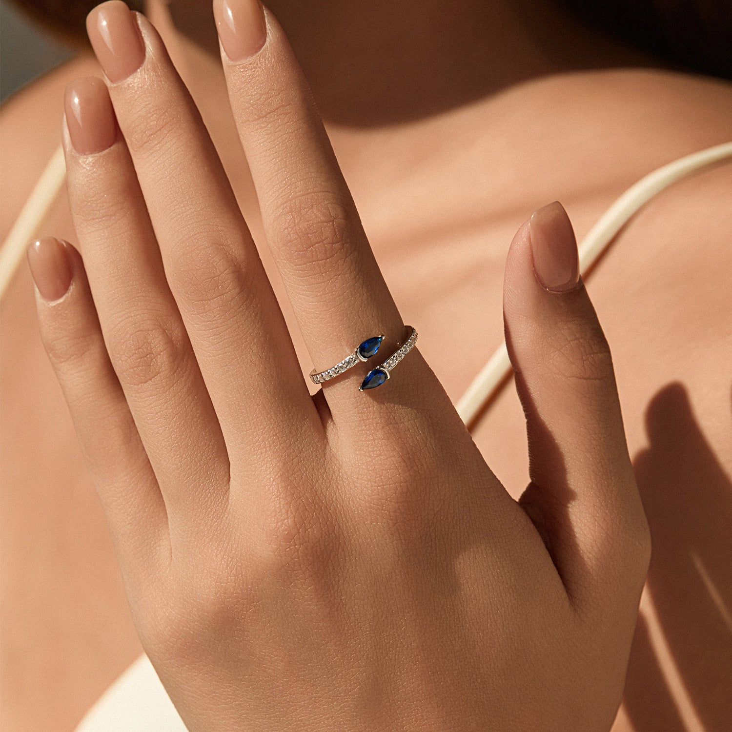 925 Sterling Silver Blue Pear CZ Open Bypass Ring 70400300