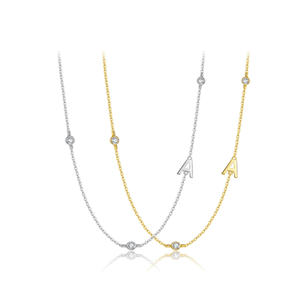 925 Sterling Silver Sideways Initial Letter CZ Station Necklace 80100076