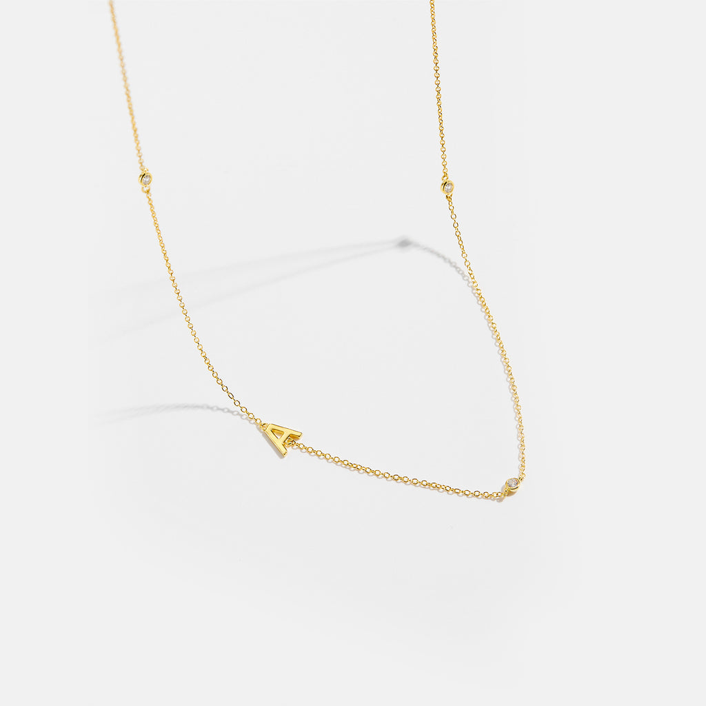 925 Sterling Silver Sideways Initial Letter CZ Station Necklace 80100076