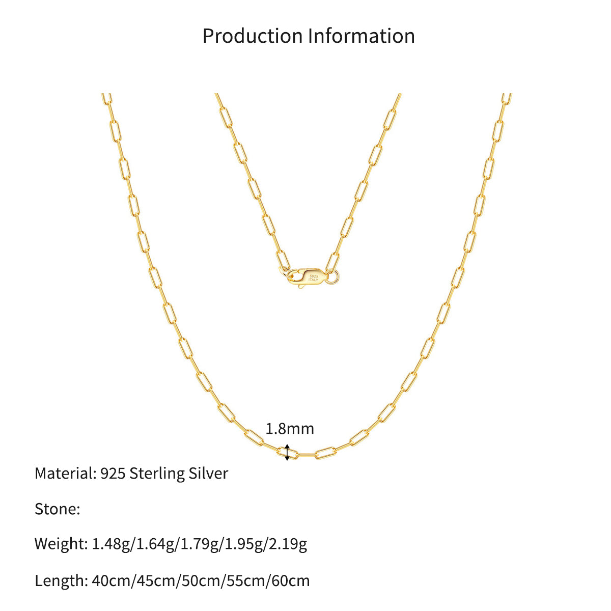 925 Sterling Silver 14K Yellow Gold Plated Paperclip Chain Necklace 80100104