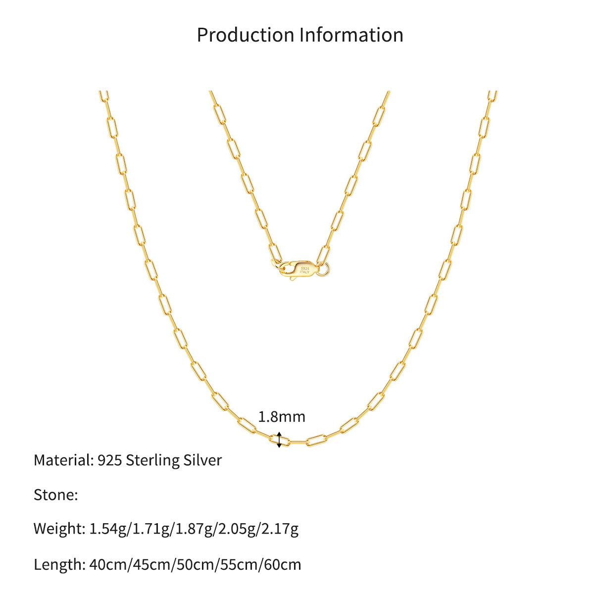925 Sterling Silver 18K Yellow Gold Plated Paperclip Chain Necklace 80100106