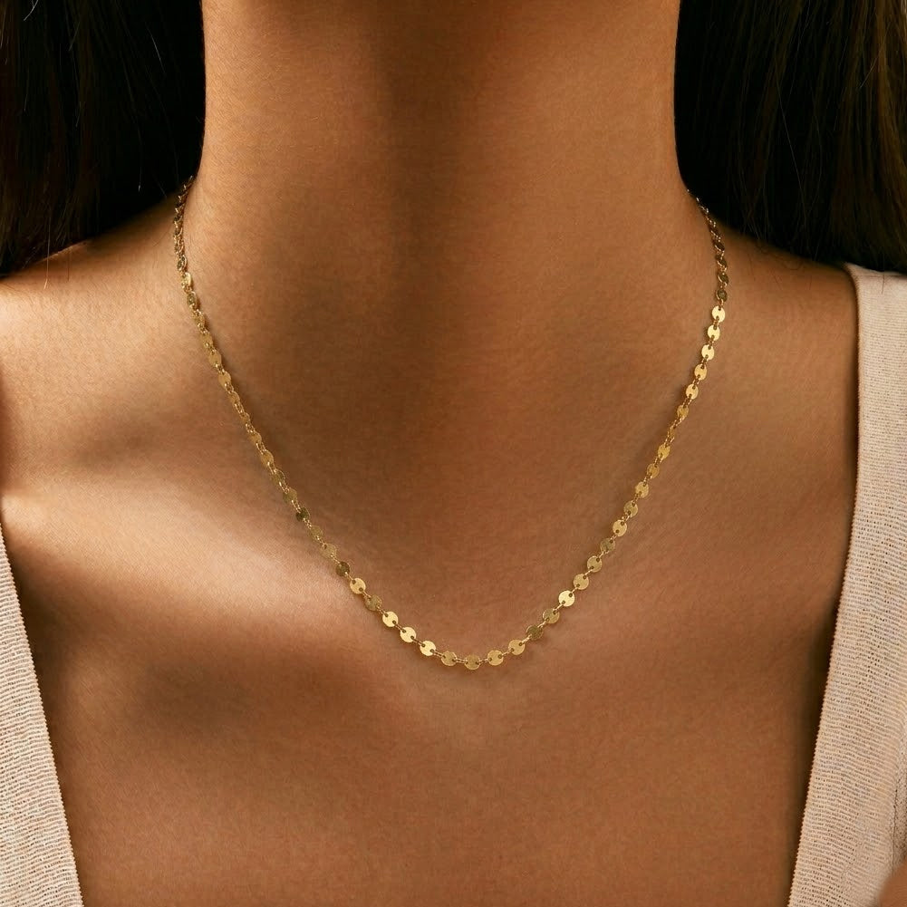 925 Sterling Silver Mirror Disc Sequin Chain Necklace 80100107