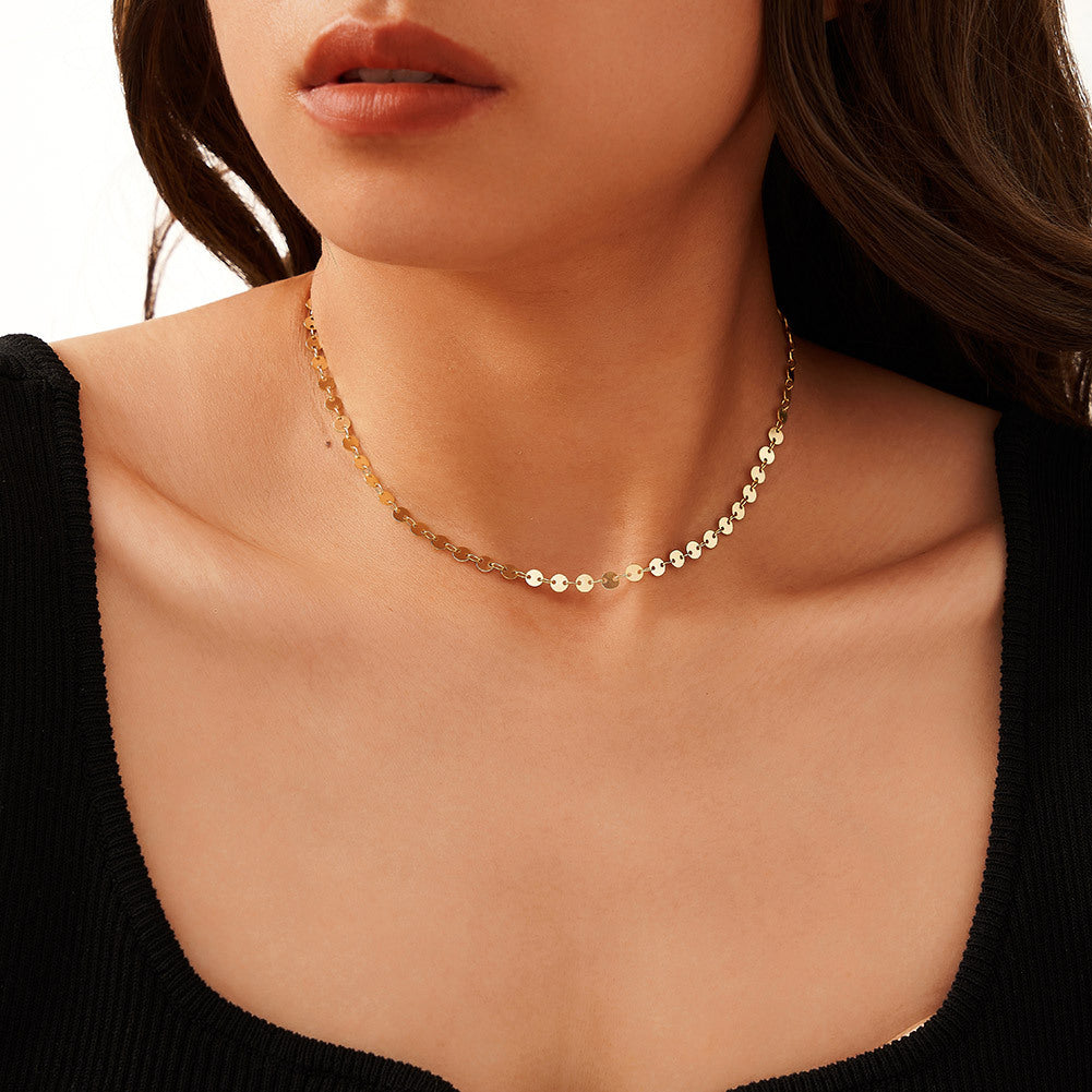 925 Sterling Silver Mirror Disc Sequin Chain Necklace 80100107