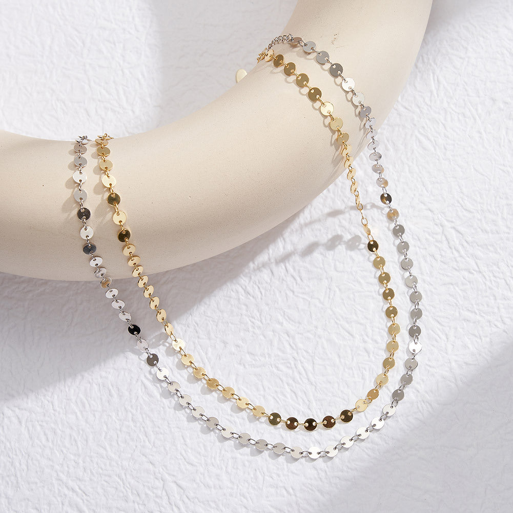 925 Sterling Silver Mirror Disc Sequin Chain Necklace 80100107