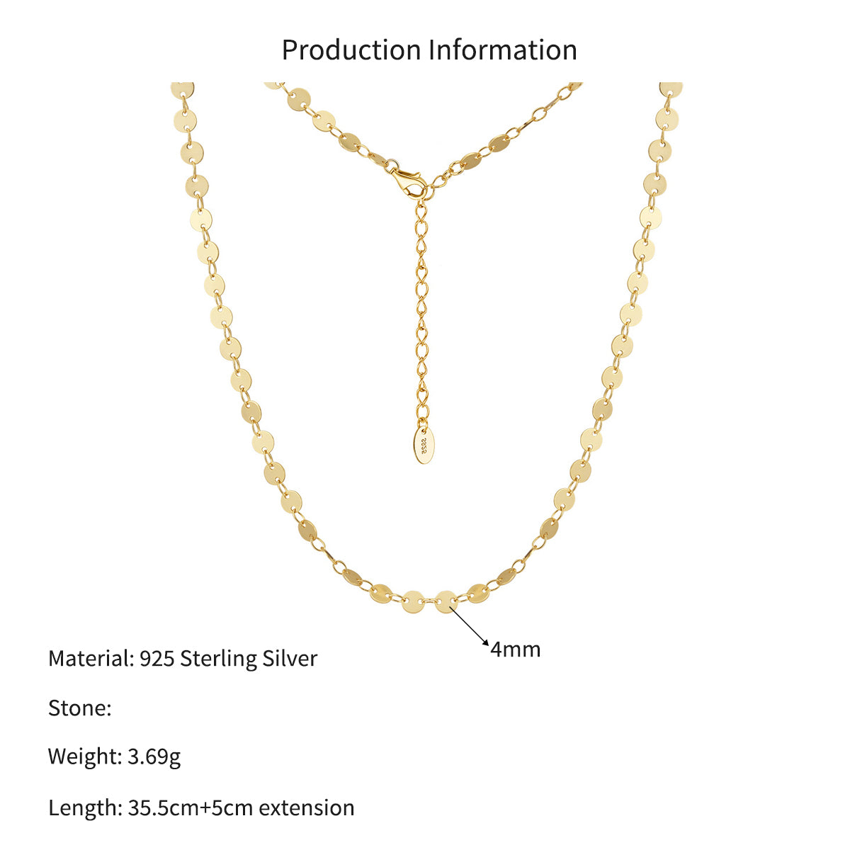 925 Sterling Silver Mirror Disc Sequin Chain Necklace 80100107