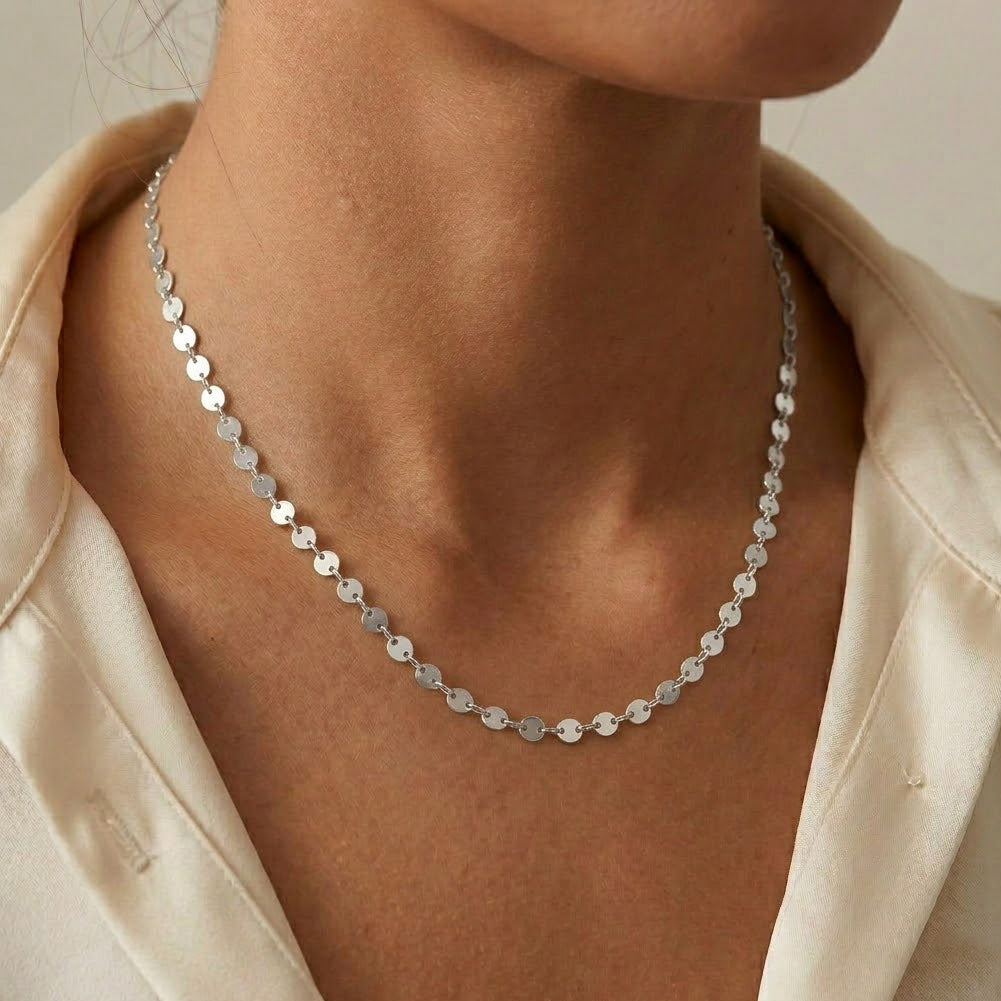 925 Sterling Silver Mirror Disc Sequin Chain Necklace 80100107
