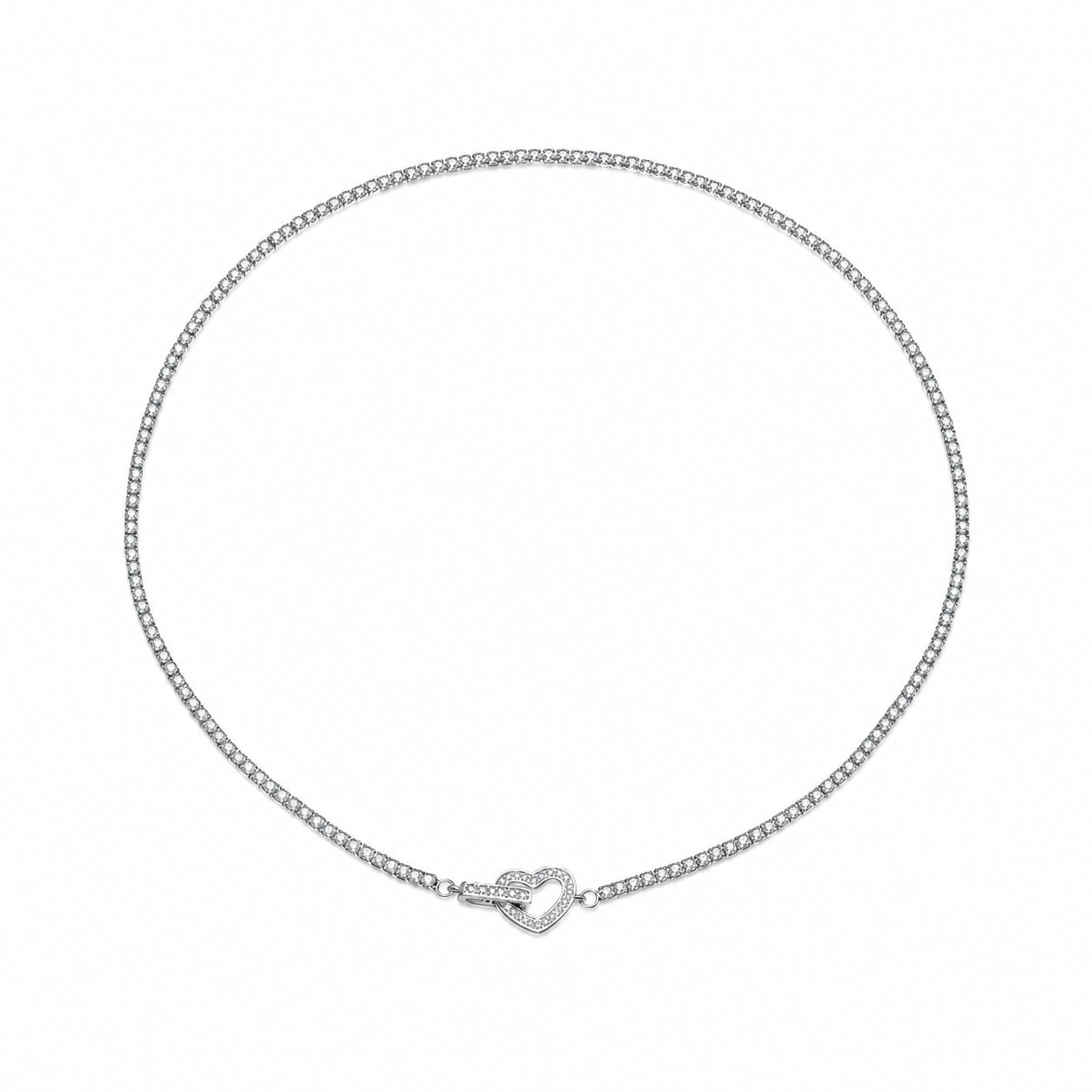 925 Sterling Silver CZ Tennis Chain Heart Toggle Necklace 80100110