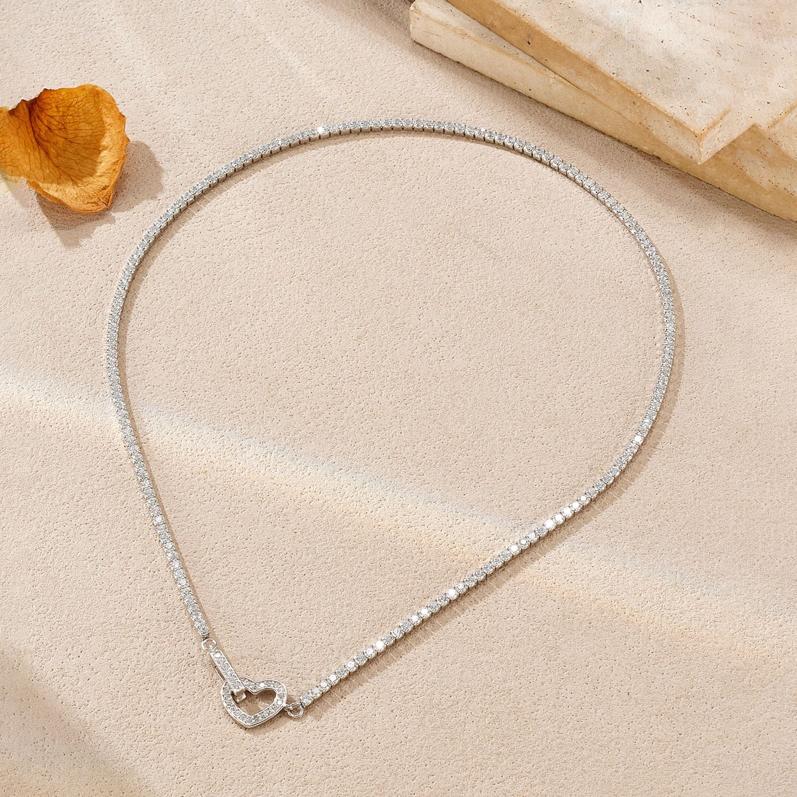 925 Sterling Silver CZ Tennis Chain Heart Toggle Necklace 80100110