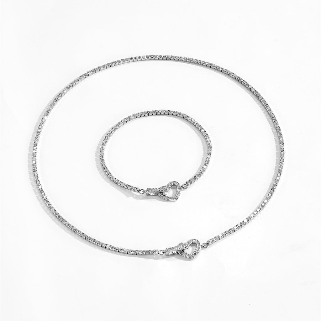 925 Sterling Silver CZ Tennis Chain Heart Toggle Necklace 80100110