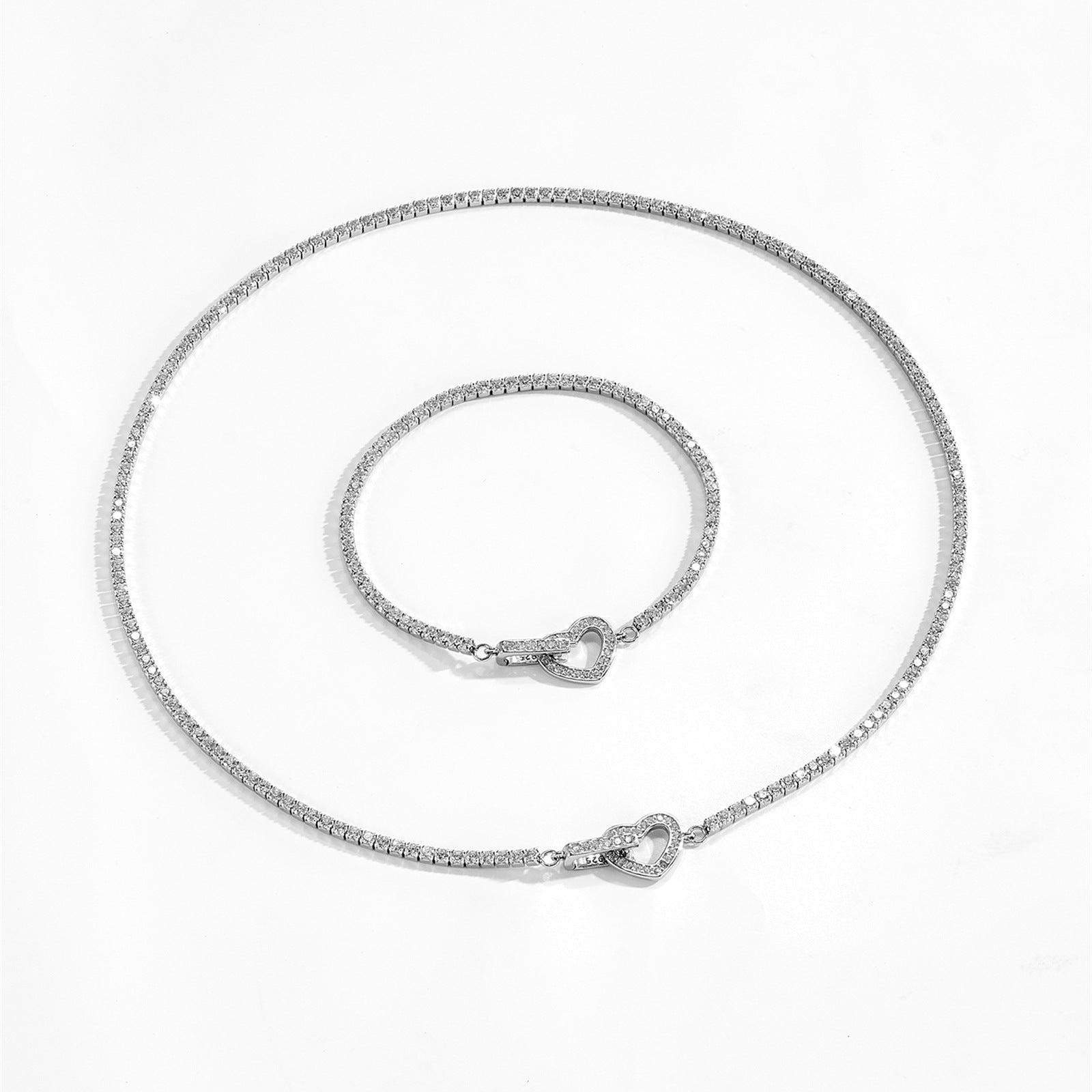 925 Sterling Silver CZ Tennis Chain Heart Toggle Necklace 80100110