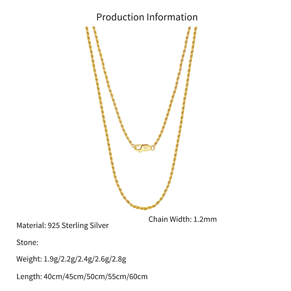 925 Sterling Silver 1.2mm Rope Chain Twist Necklace 80100125