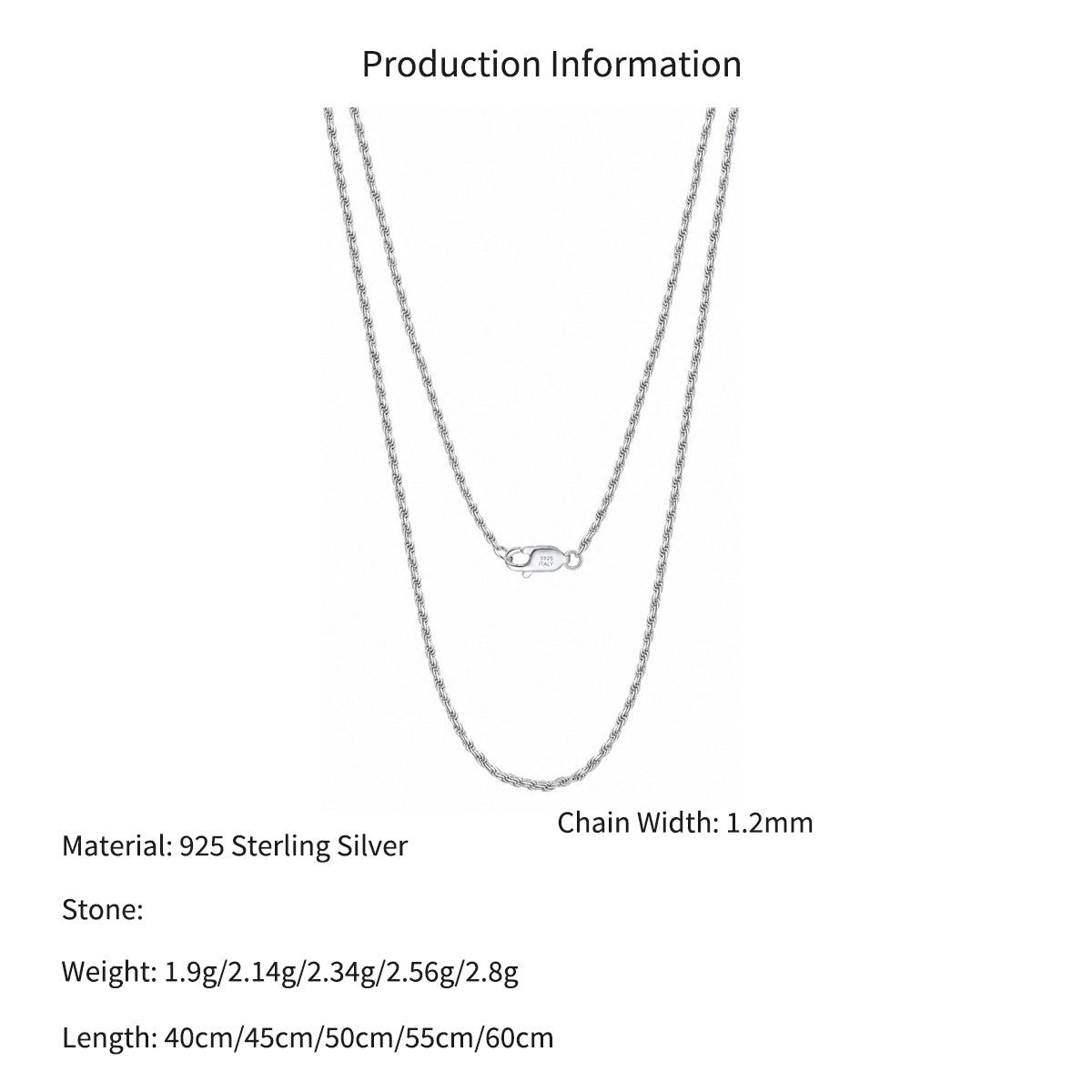 925 Sterling Silver 1.2mm Classic Rope Twist Chain Necklace 80100126