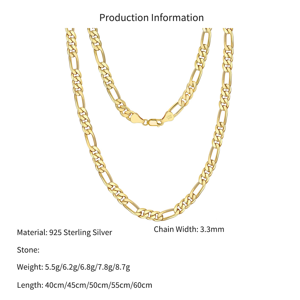 925 Sterling Silver 3.3mm Classic Figaro Chain Necklace 80100127