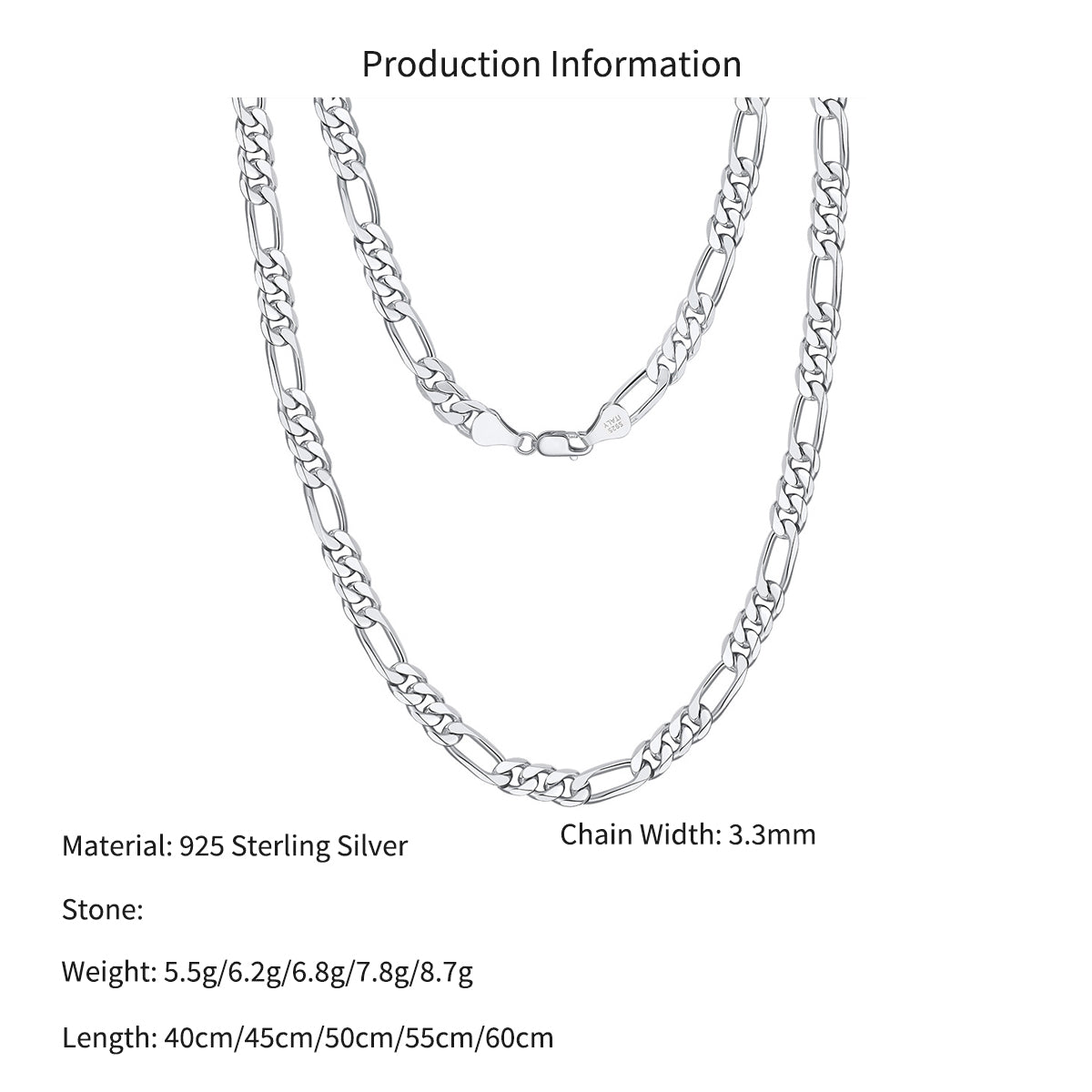 925 Sterling Silver 3.3mm Figaro Link Chain Necklace 80100128