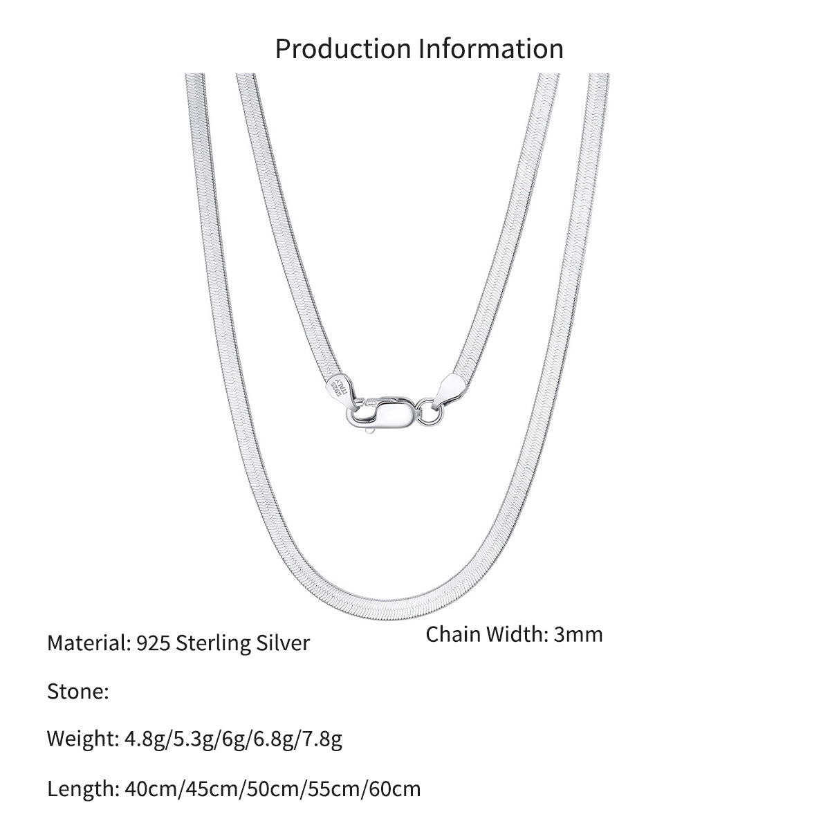 925 Sterling Silver 3mm Minimalist Flat Herringbone Blade Chain Necklace 80100132