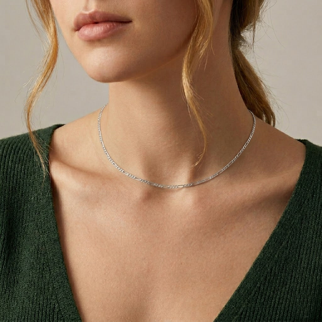 925 Sterling Silver 1.7mm Minimalist Figaro Link Clavicle Necklace 80100134