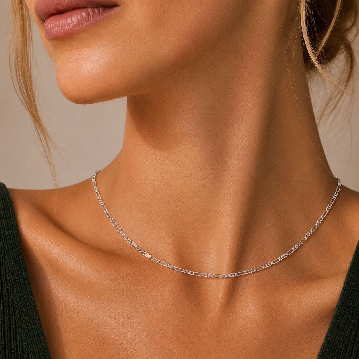 925 Sterling Silver 1.7mm Minimalist Figaro Link Clavicle Necklace 80100134