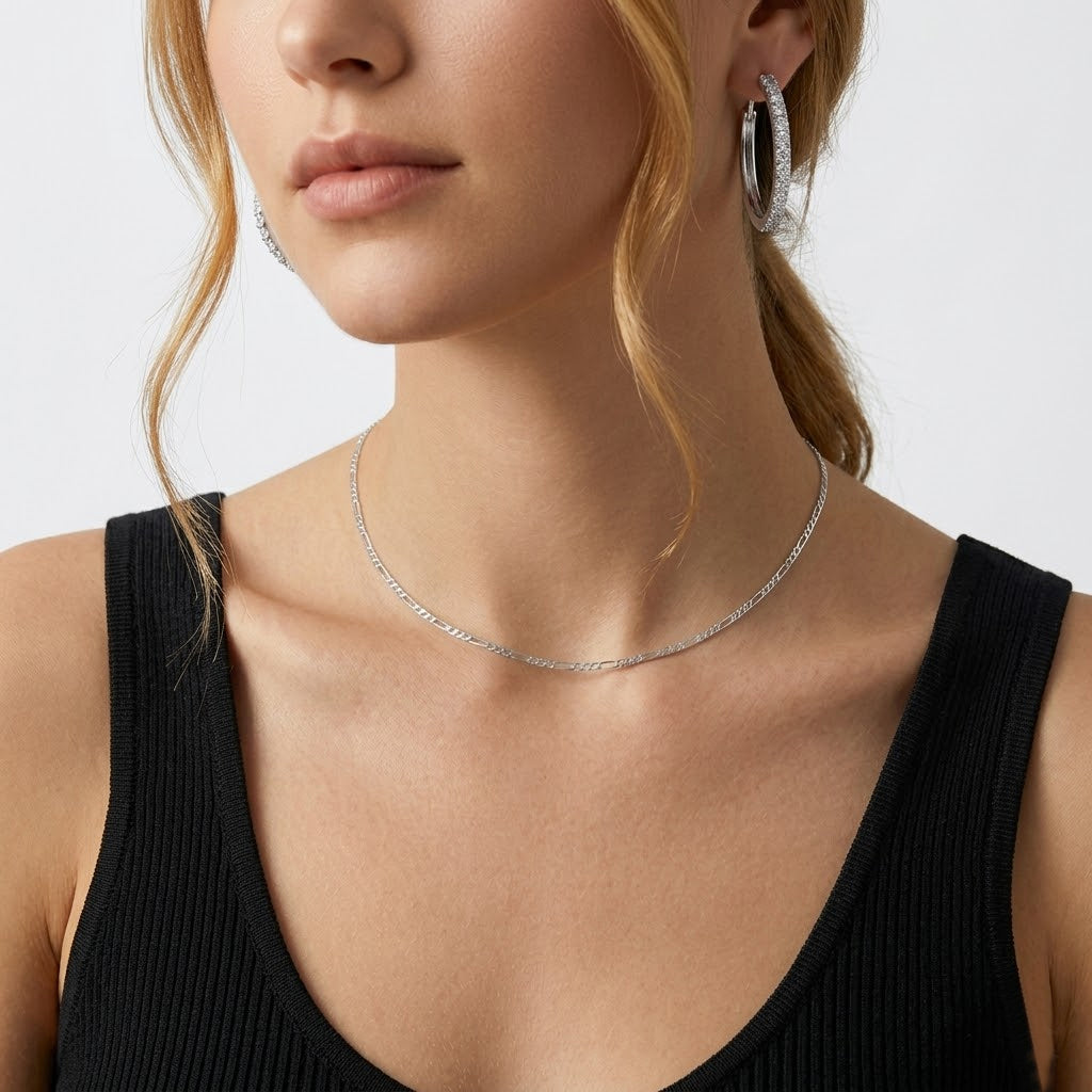 925 Sterling Silver 1.7mm Minimalist Figaro Link Clavicle Necklace 80100134