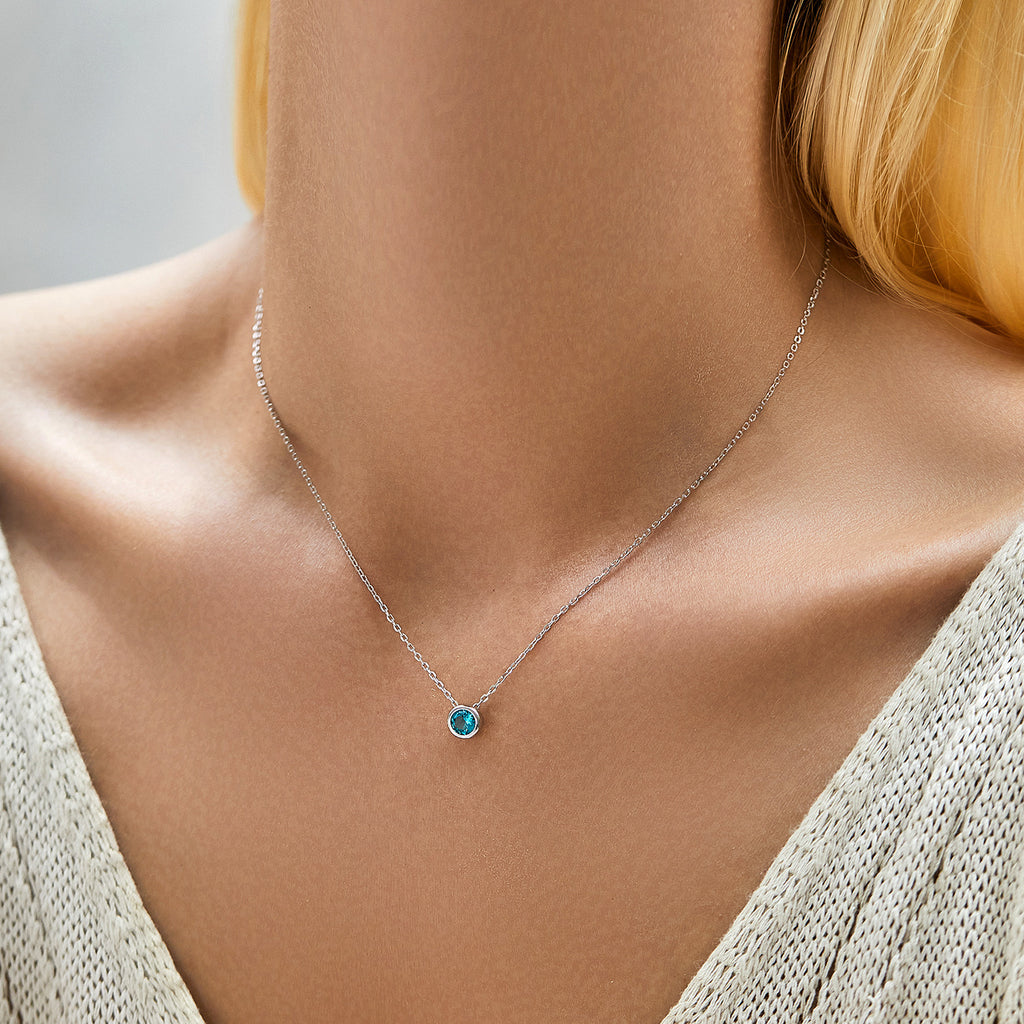 925 Sterling Silver Vintage Paraiba Blue Zircon Bezel Necklace 80200524