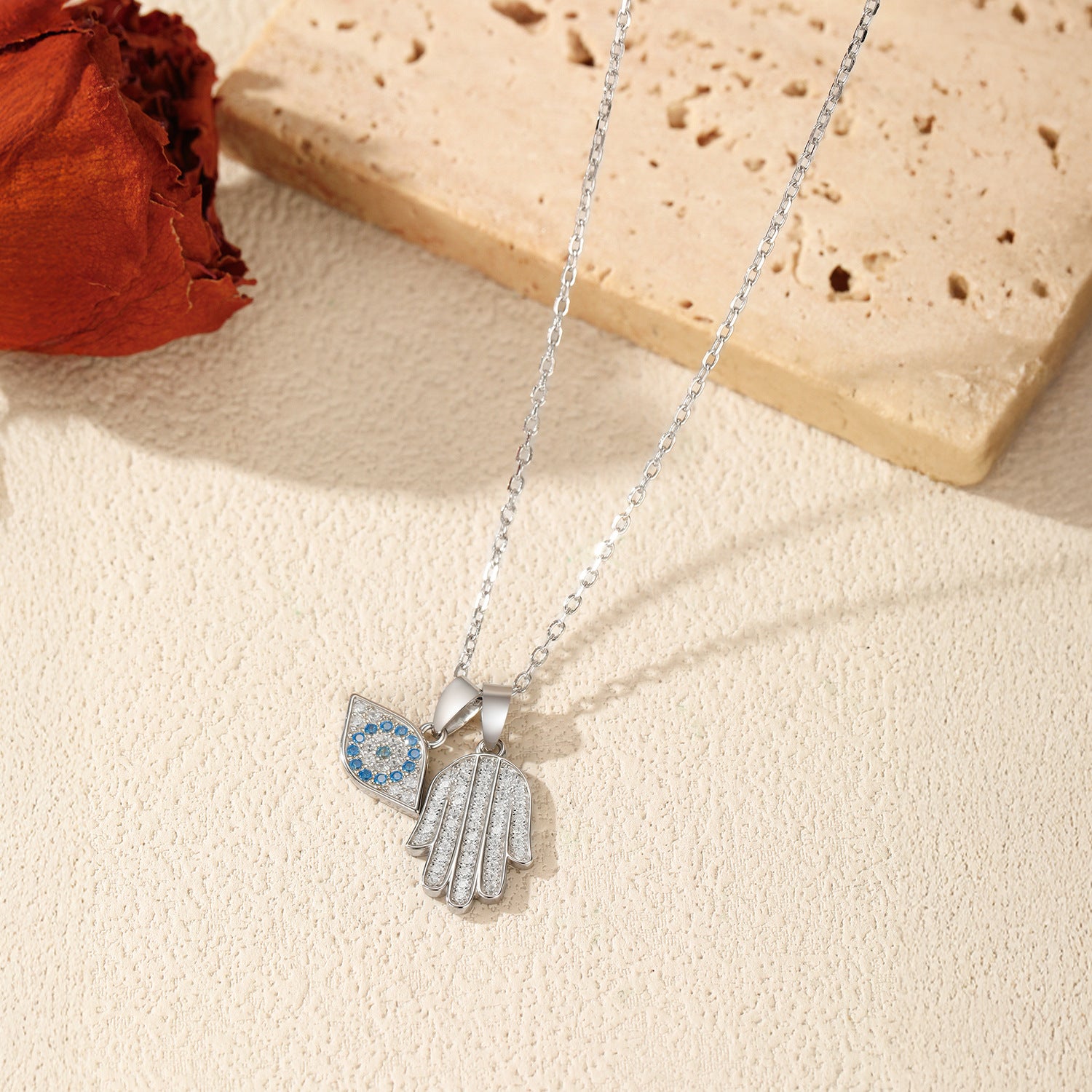925 Sterling Silver Evil Eye and Hamsa Hand Pavé Necklace 80200535