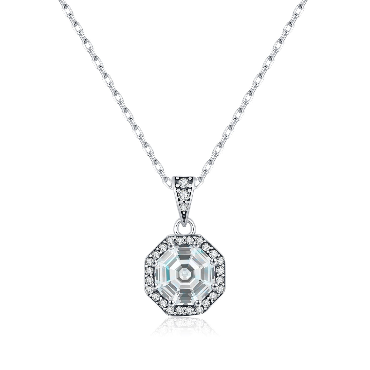 925 Sterling Silver Vintage Octagon CZ Halo Pendant Necklace 80200542