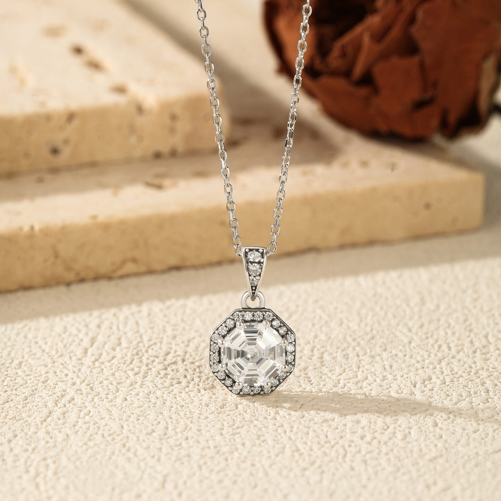 925 Sterling Silver Vintage Octagon CZ Halo Pendant Necklace 80200542