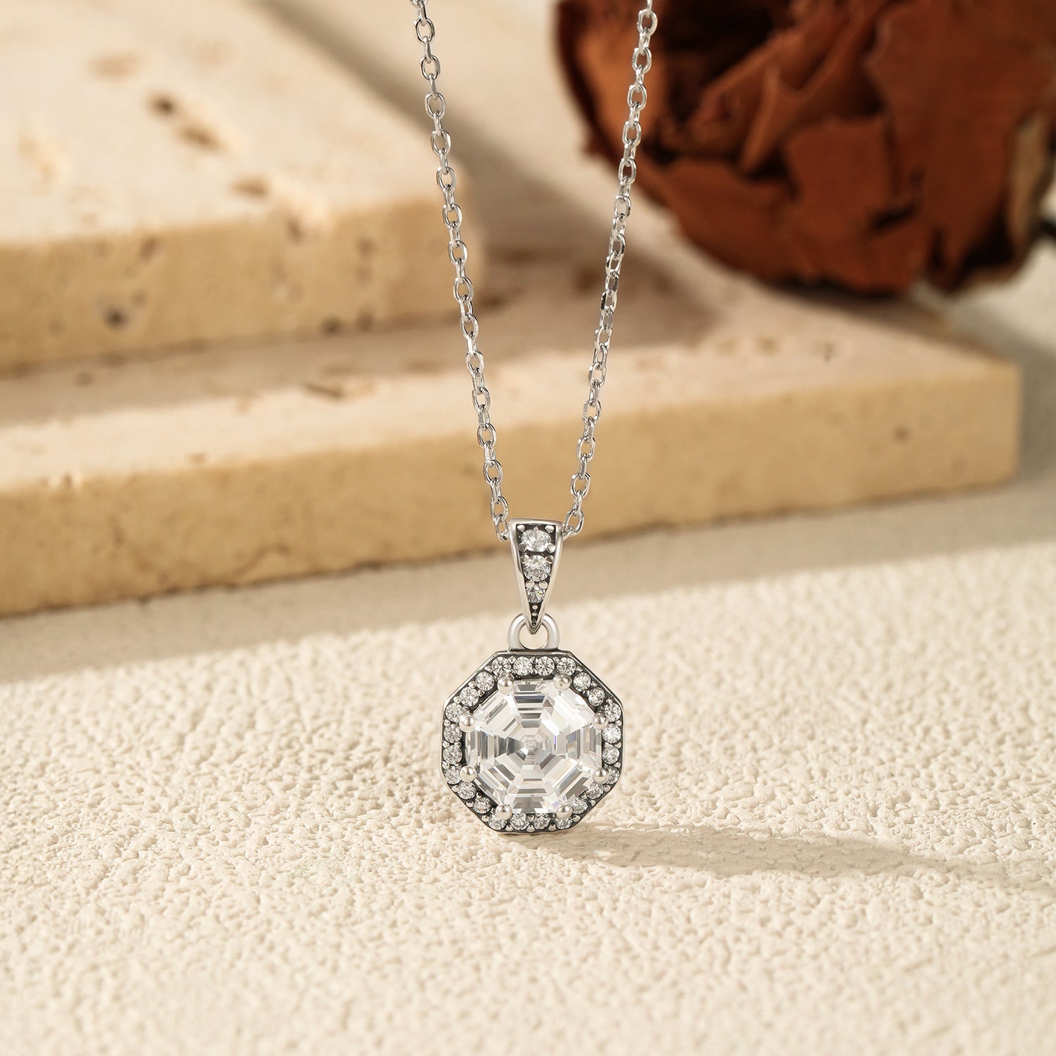 925 Sterling Silver Vintage Octagon CZ Halo Pendant Necklace 80200542