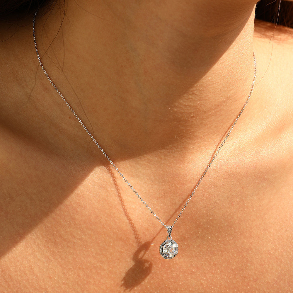 925 Sterling Silver Vintage Octagon CZ Halo Pendant Necklace 80200542