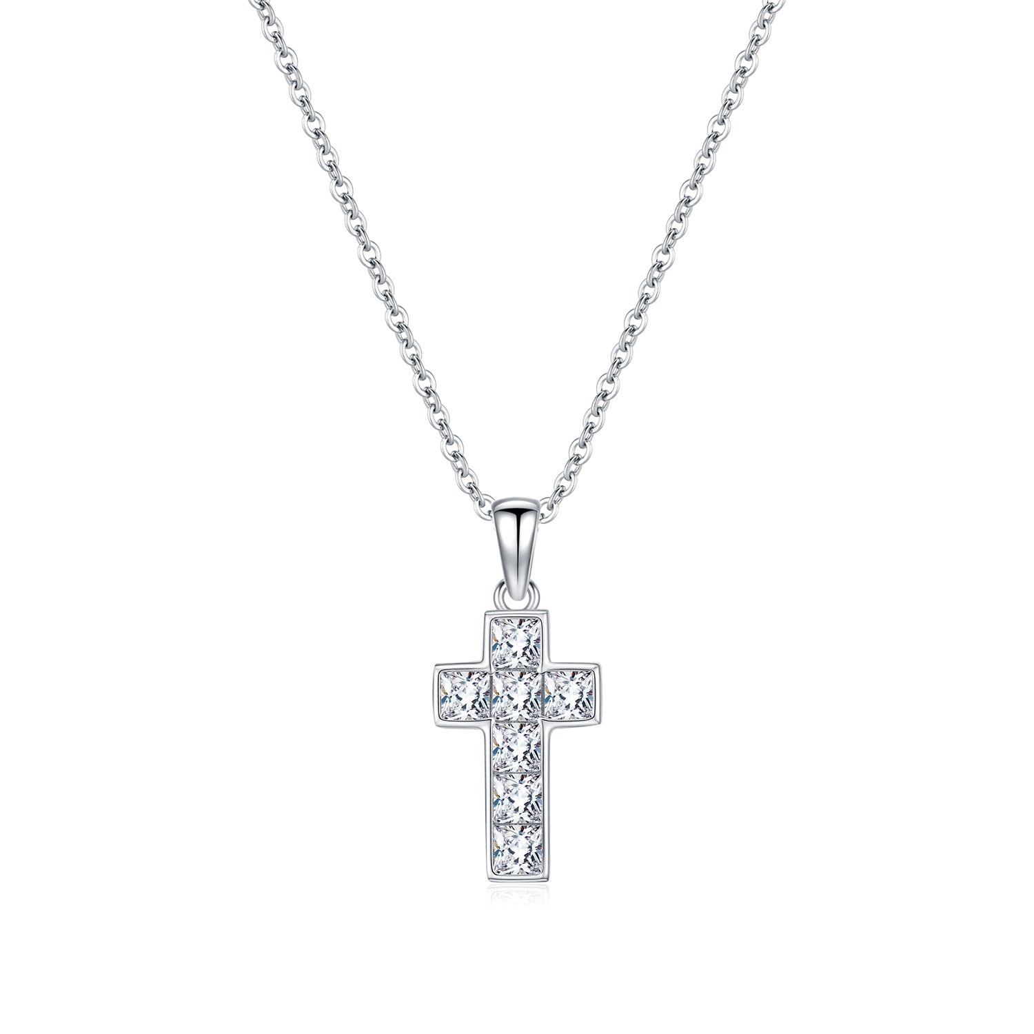 925 Sterling Silver Square Zircon Cross Necklace 80200567