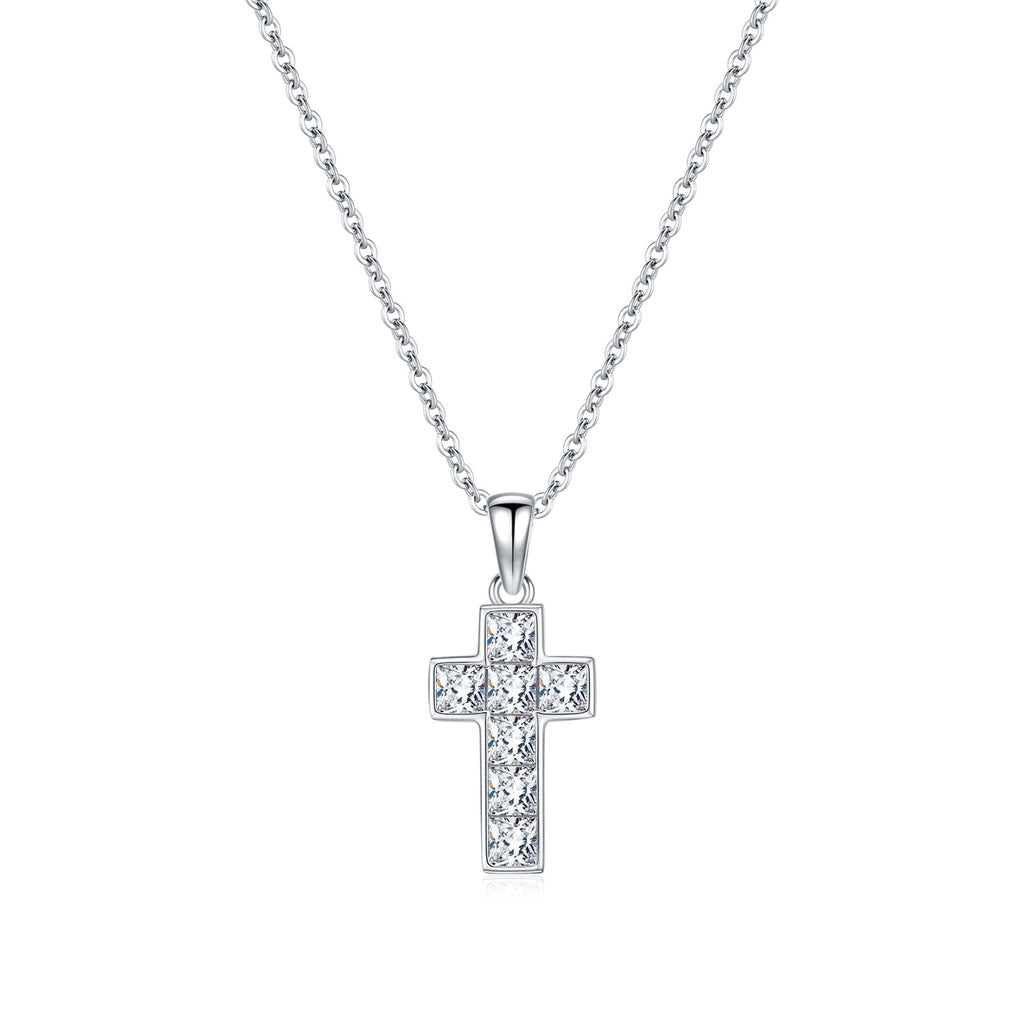 925 Sterling Silver Square Zircon Cross Necklace 80200567
