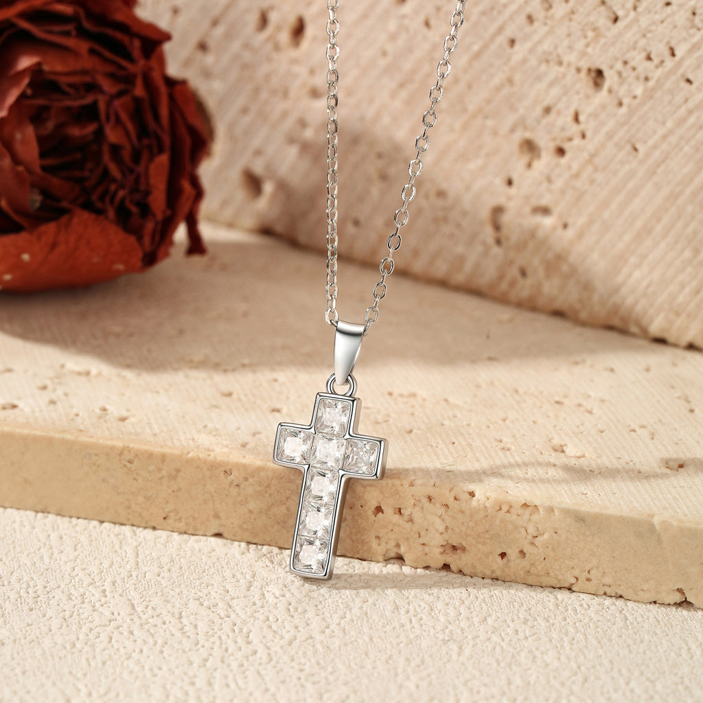 925 Sterling Silver Square Zircon Cross Necklace 80200567