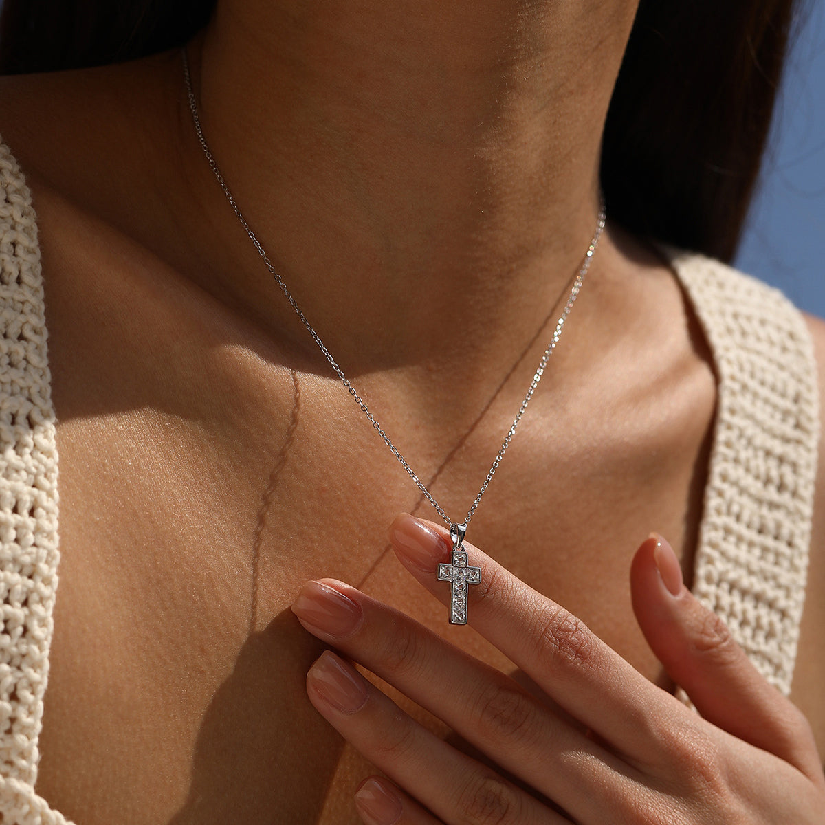 925 Sterling Silver Square Zircon Cross Necklace 80200567