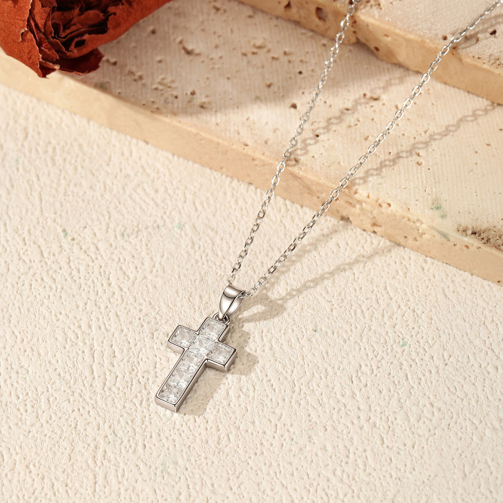 925 Sterling Silver Square Zircon Cross Necklace 80200567