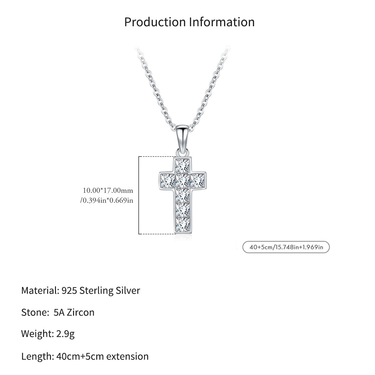 925 Sterling Silver Square Zircon Cross Necklace 80200567