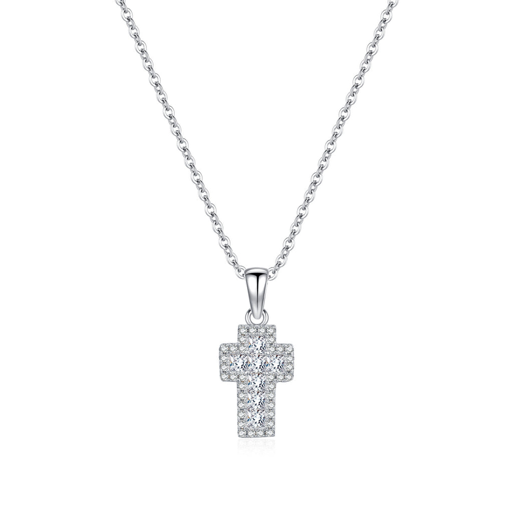 925 Sterling Silver Zircon Halo Cross Necklace 80200568