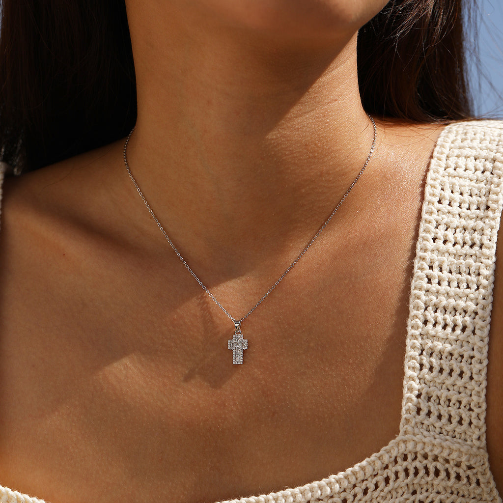 925 Sterling Silver Zircon Halo Cross Necklace 80200568