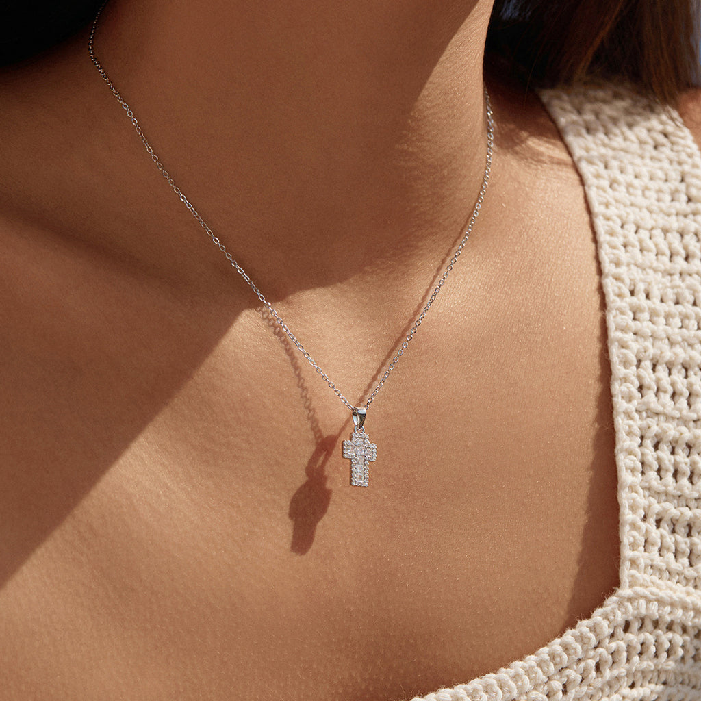 925 Sterling Silver Zircon Halo Cross Necklace 80200568