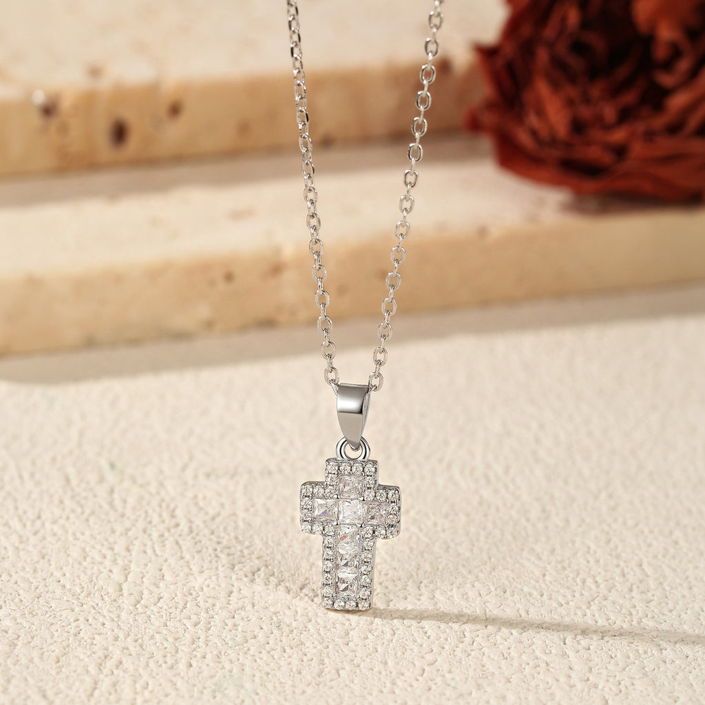 925 Sterling Silver Zircon Halo Cross Necklace 80200568