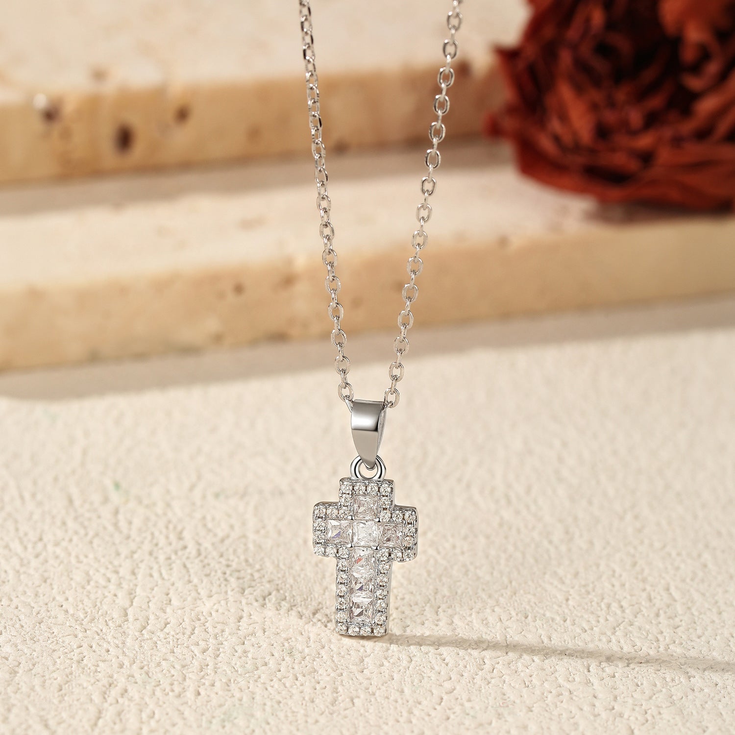 925 Sterling Silver Zircon Halo Cross Necklace 80200568