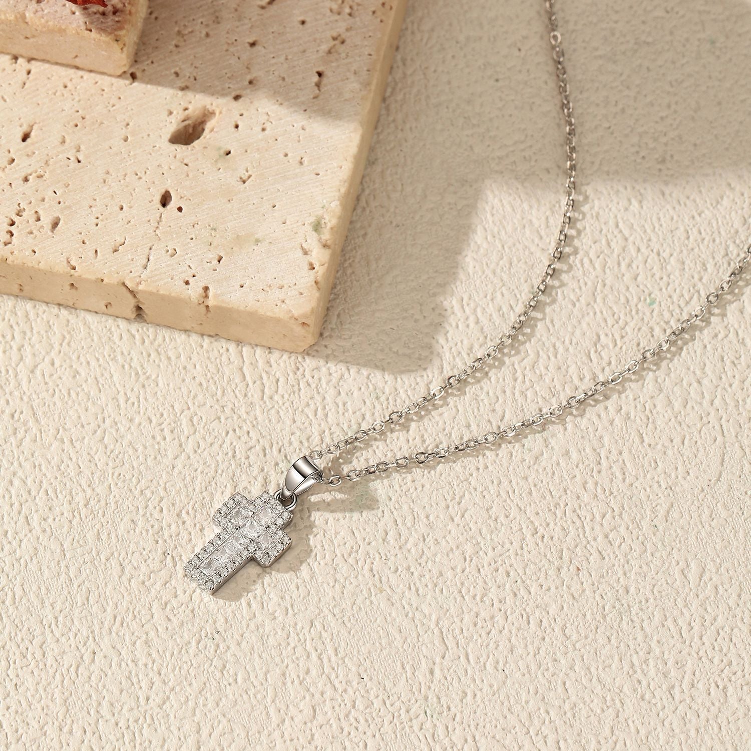 925 Sterling Silver Zircon Halo Cross Necklace 80200568