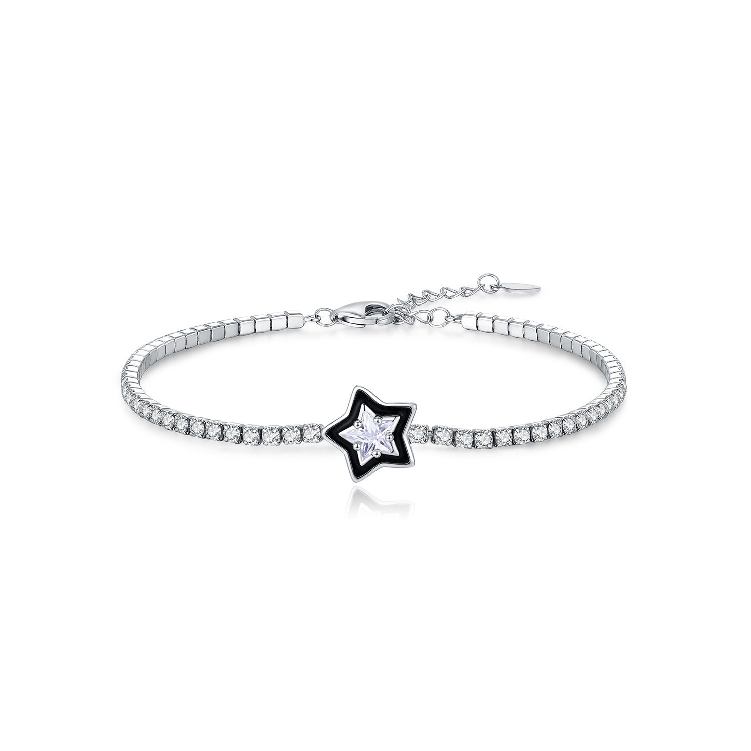 925 Sterling Silver Black Enamel Star Cut Zircon Tennis Bracelet 100100234