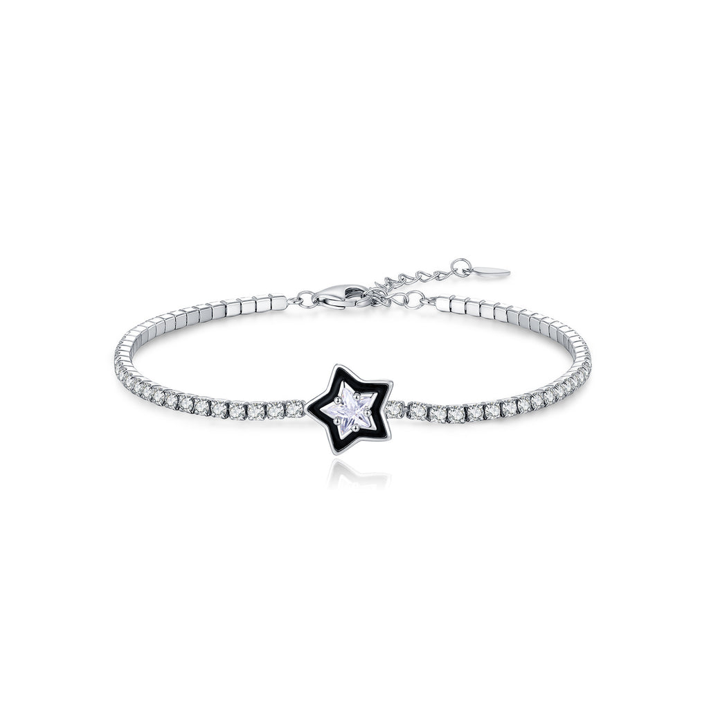 925 Sterling Silver Black Enamel Star Cut Zircon Tennis Bracelet 100100234