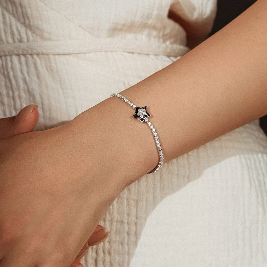 925 Sterling Silver Black Enamel Star Cut Zircon Tennis Bracelet 100100234