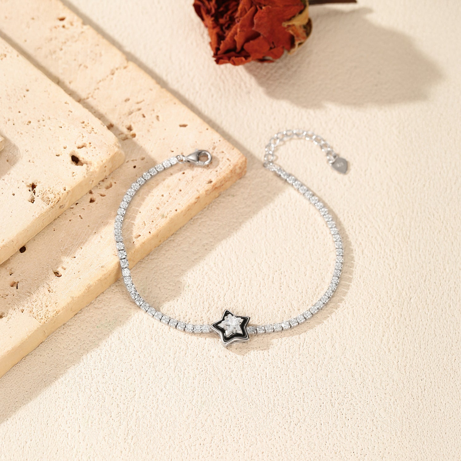 925 Sterling Silver Black Enamel Star Cut Zircon Tennis Bracelet 100100234