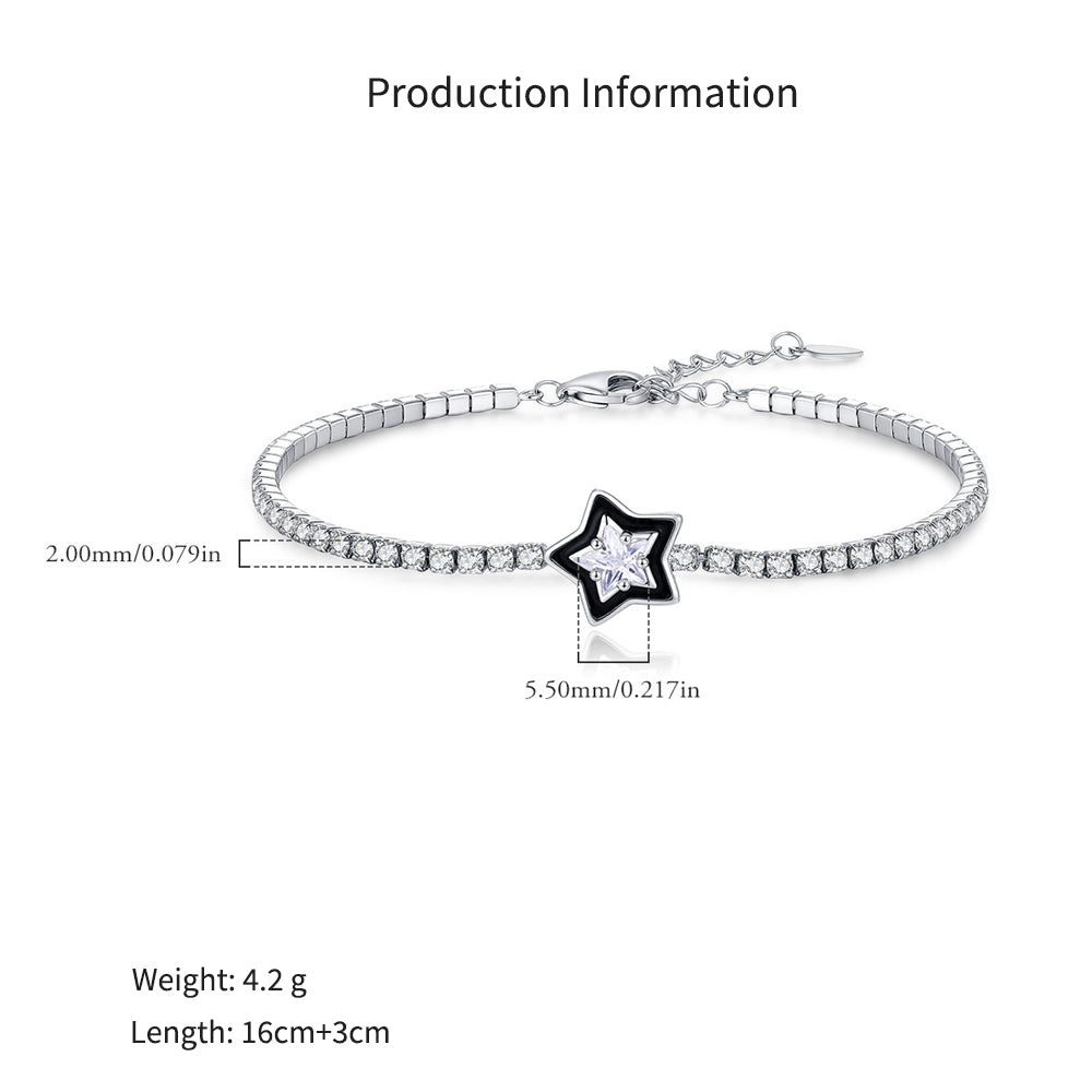 925 Sterling Silver Black Enamel Star Cut Zircon Tennis Bracelet 100100234