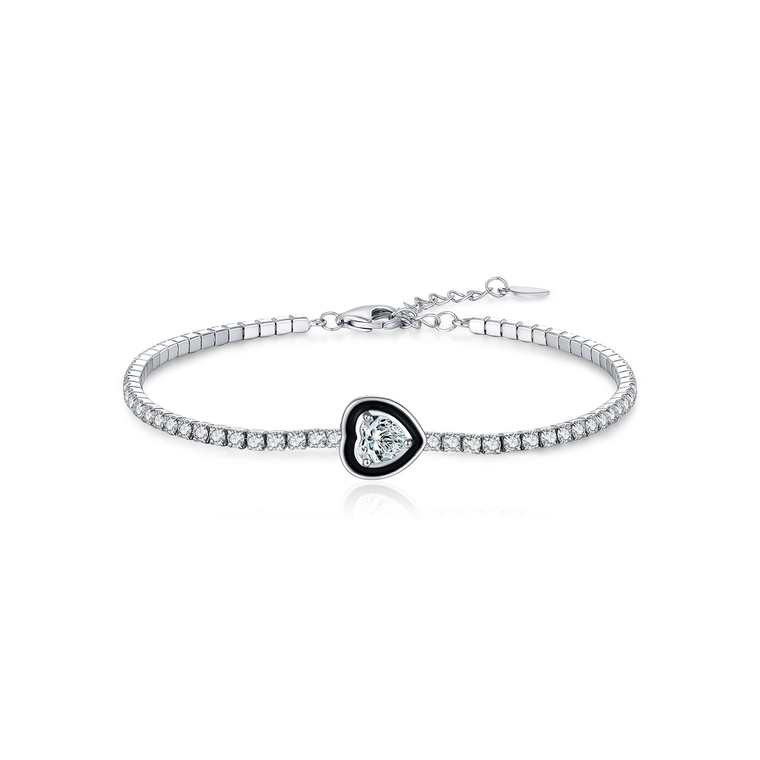 925 Sterling Silver Black Enamel Heart Cut Zircon Tennis Bracelet 100100235