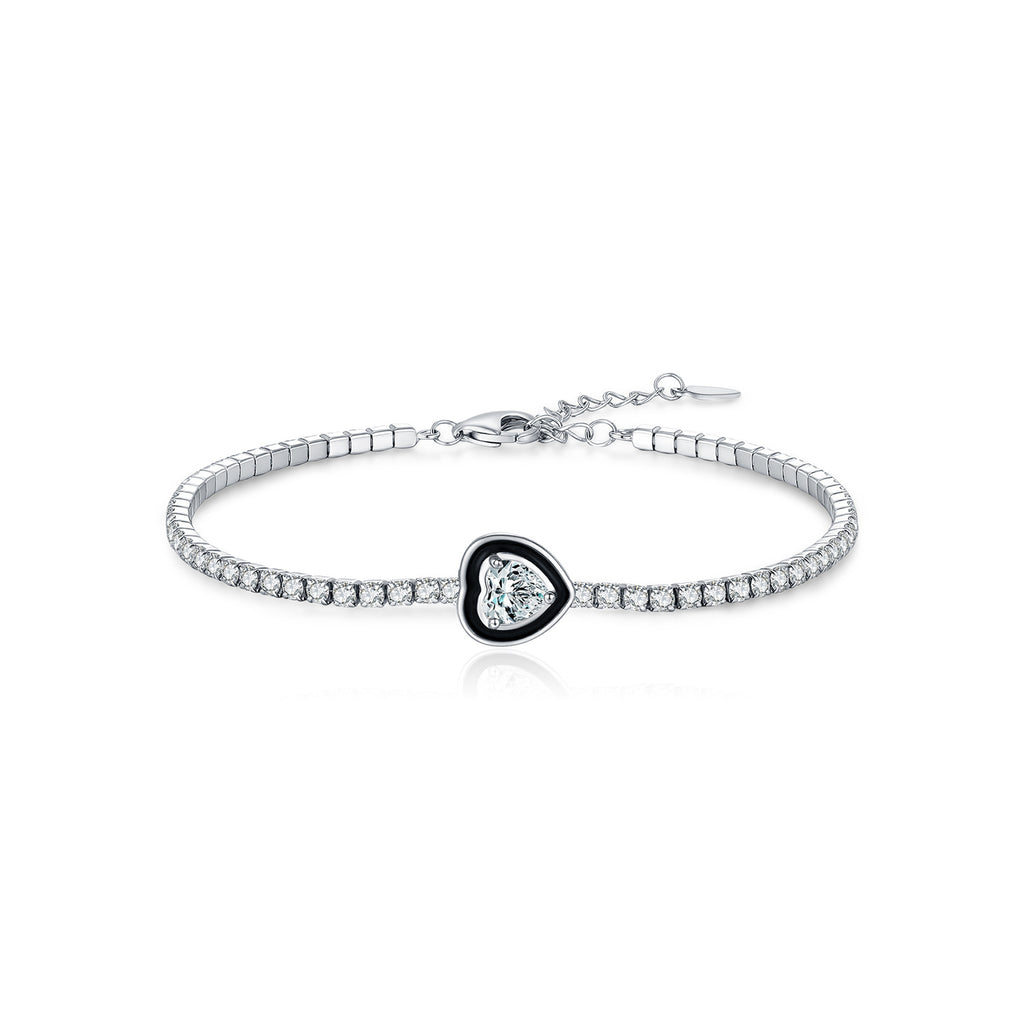 925 Sterling Silver Black Enamel Heart Cut Zircon Tennis Bracelet 100100235