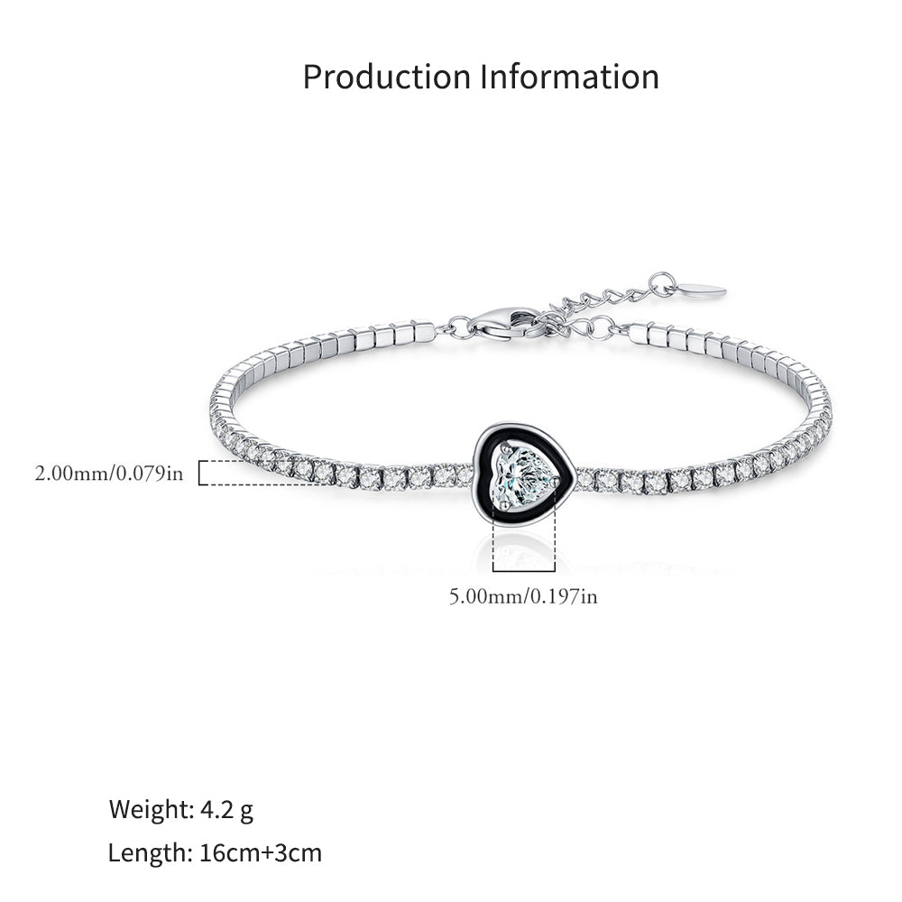 925 Sterling Silver Black Enamel Heart Cut Zircon Tennis Bracelet 100100235