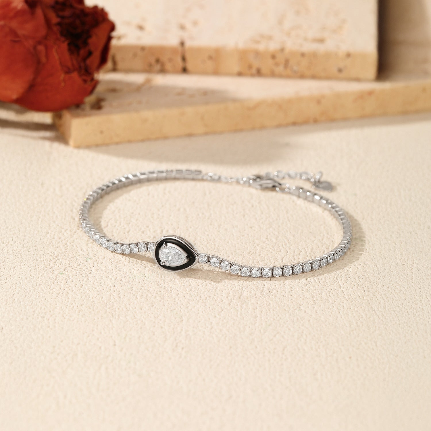 925 Sterling Silver Black Enamel Pear Cut Zircon Tennis Bracelet 100100236