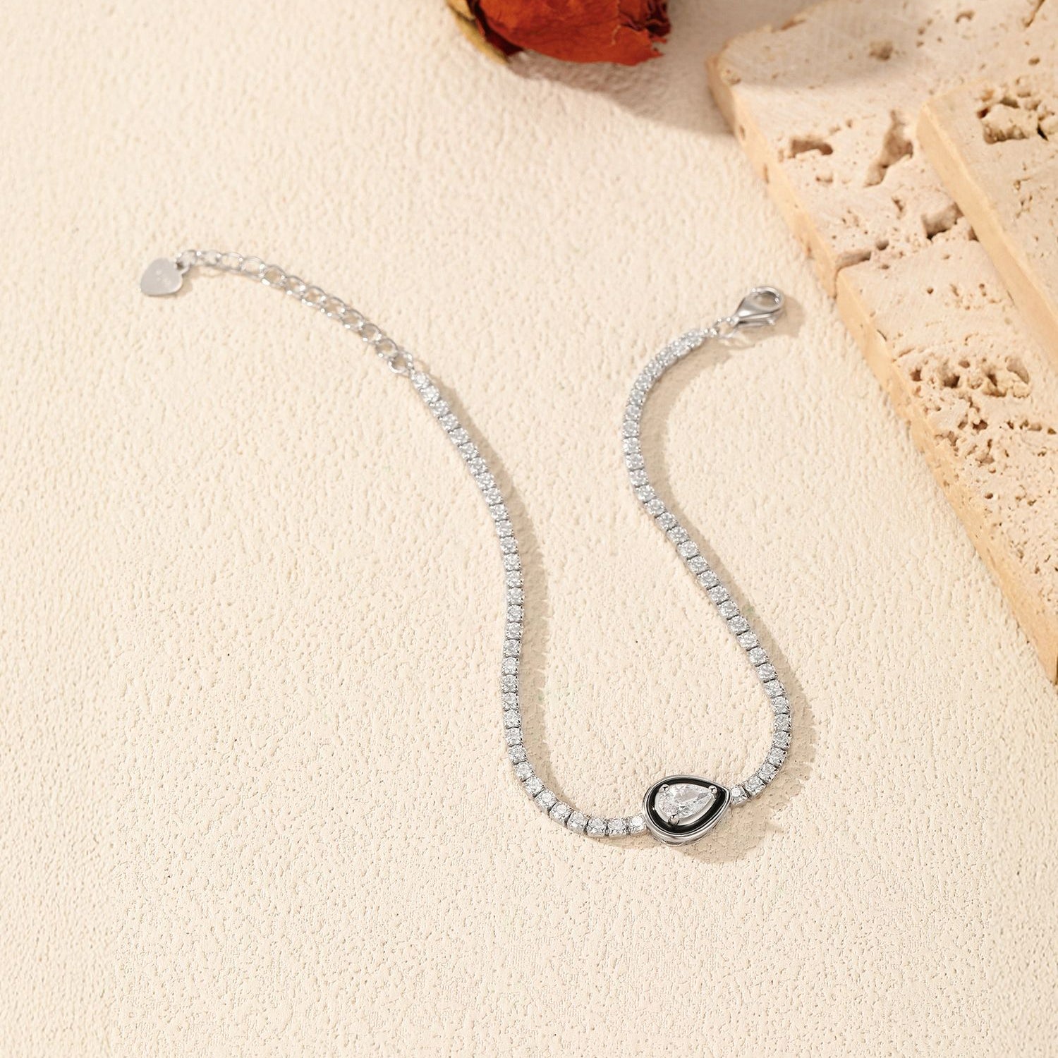 925 Sterling Silver Black Enamel Pear Cut Zircon Tennis Bracelet 100100236